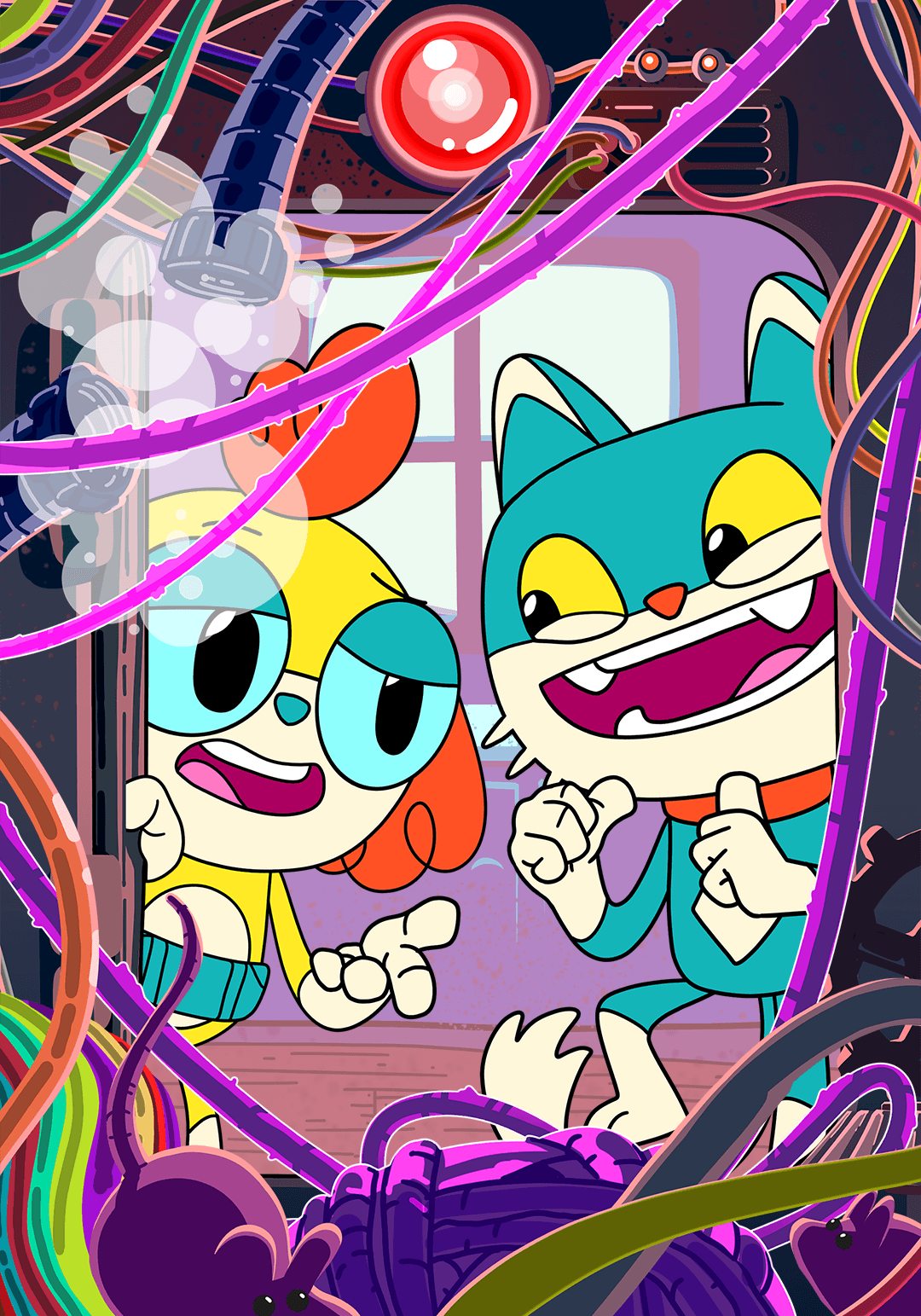 Dots (a yellow anthropomorphic dog wearing galsses and a belt) and Diamond (A light blue and white cat with yellow eyes) peering through a mess of colourful cables.